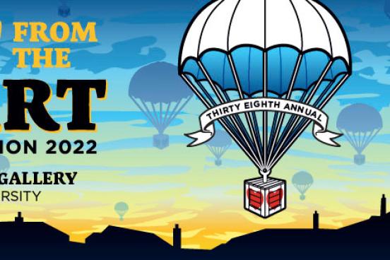 Colorful promotional banner for Art from the Heart Benefit Auction 2022 at Sonoma State University Art Gallery. The design features a large hot air balloon rising over a silhouetted cityscape at sunrise, with warm orange and blue tones in the sky. Bold black and yellow text announces the event details.