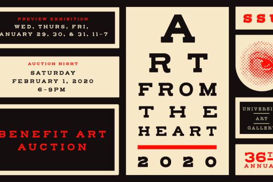 Graphic poster for Art from the Heart 2020 silent auction at Sonoma State University Art Gallery. The design features a grid of cream, black, and red panels with bold typography and circular graphic elements. Event details include the date, February 8, 2020, from 6–9 p.m., emphasizing the fundraiser’s artistic and modern aesthetic