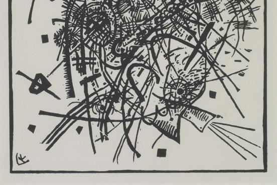 An abstract black and white drawing filled with intersecting lines, geometric shapes, and swirling forms, creating a dynamic and chaotic composition within a square frame.