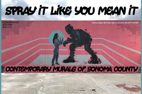 A mural showing a large black-and-white figure of a man spray-painting a red heart onto a wall, facing a small child holding a flower. The text at the top reads ‘SPRAY IT LIKE YOU MEAN IT,’ and below, it says ‘CONTEMPORARY MURALS BY JORDAN CROWE.’ The ground in front of the mural is concrete