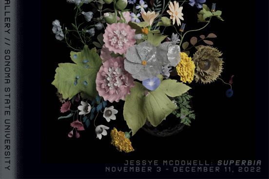 A dark, dramatic still-life composition featuring a bouquet of various flowers — including pink roses, white lilies, yellow tulips, and blue delphiniums — arranged against a black background. The lighting highlights the textures and colors of the petals, evoking a classic Dutch painting style.