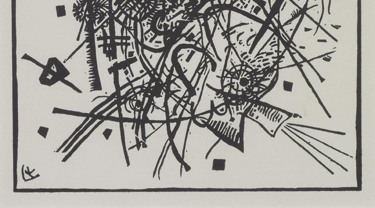 An abstract black and white drawing filled with intersecting lines, geometric shapes, and swirling forms, creating a dynamic and chaotic composition within a square frame.