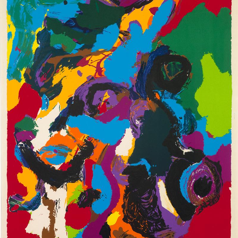 Abstract expressionist painting composed of bold, overlapping shapes in vivid colors including blue, red, yellow, green, and purple. The composition is energetic and layered, with sweeping brushstrokes and high contrast between hues, evoking dynamic movement and emotional intensity.