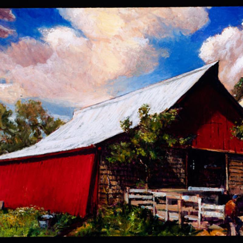 Colorful landscape painting depicting a rustic red barn with a silver roof surrounded by trees and vibrant greenery. The sky is filled with dramatic clouds in pink, orange, and blue hues, creating a striking contrast with the barn. The composition conveys warmth and nostalgia in a rural setting
