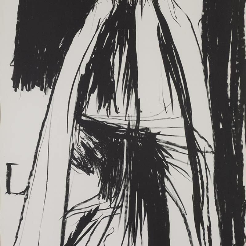 Black-and-white ink drawing of a tall, ghostlike figure with long flowing lines suggesting draped fabric or hair. The figure has a haunting, hollow-eyed face and stands against a stark, abstract background with bold black brushstrokes. The composition conveys a sense of mystery and intensity
