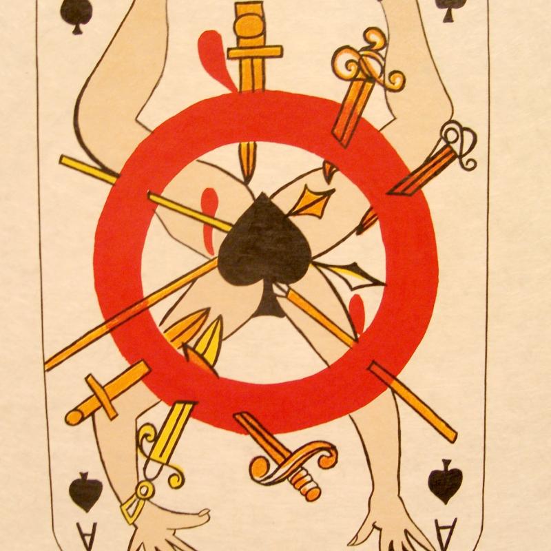 A surreal illustration resembling a playing card. At the center, a red circle encloses a black spade symbol, surrounded by various disjointed human limbs and objects, including legs in high heels and hands holding tools or weapons, arranged in a chaotic wheel-like pattern.
