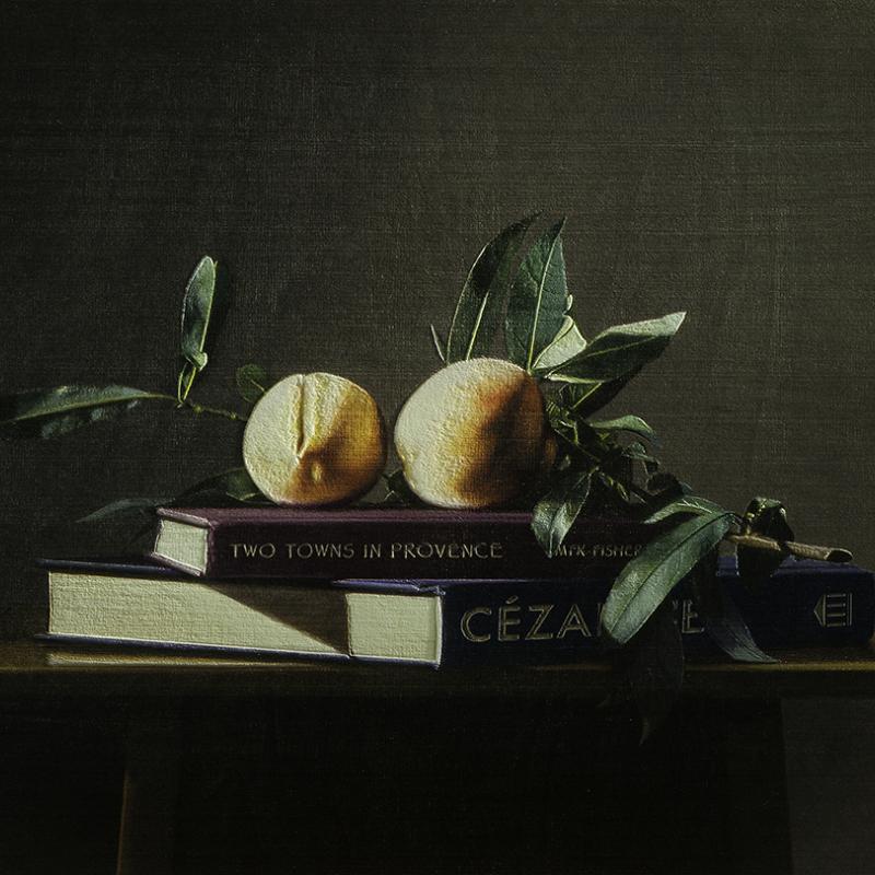 A still life painting depicting two peaches with leaves resting on a stack of books against a dark background, creating a classic and softly lit composition.