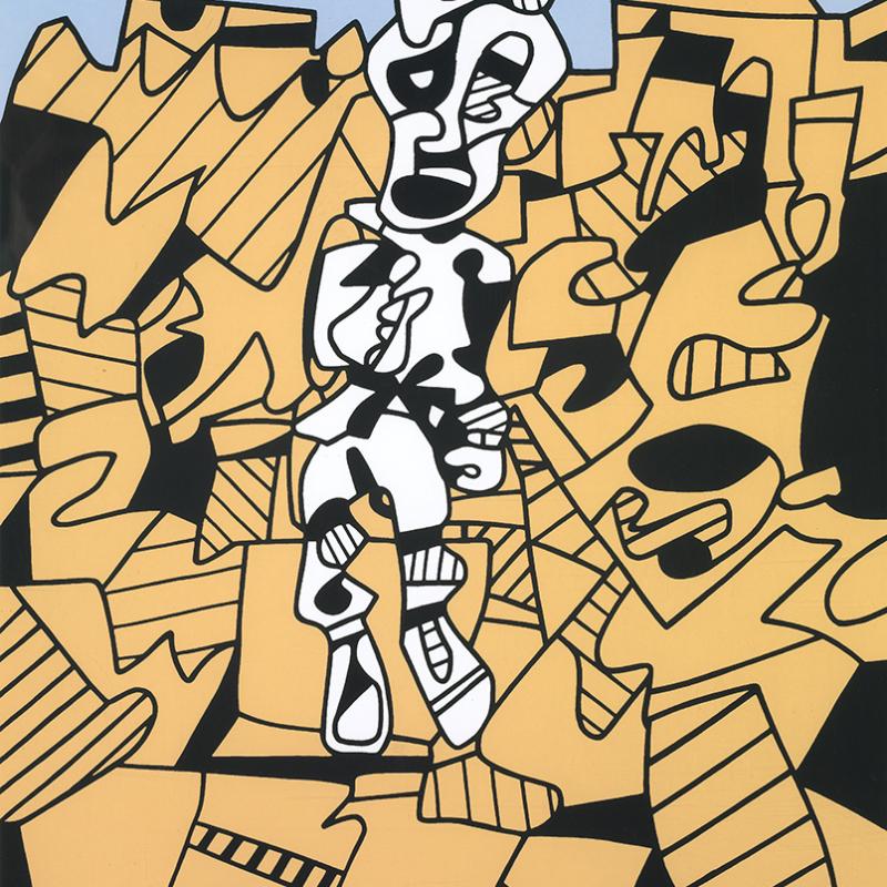 Abstract artwork depicting a central white, humanoid figure outlined in black, surrounded by a chaotic background of interlocking tan and black geometric shapes. The figure appears expressive and cartoon-like, set against a light blue sky. The piece resembles the style of Jean Dubuffet, featuring bold lines and a textured, playful composition.
