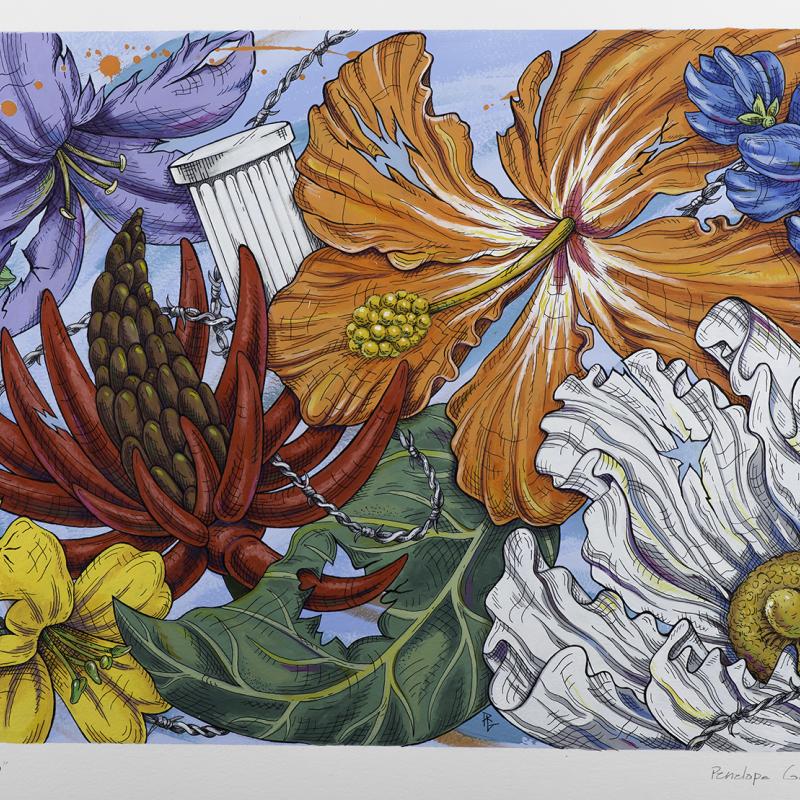 Vibrant illustration of various flowers overlapping in a dense composition. Large orange, white, yellow, blue, and red blossoms fill the frame with expressive black outlines and bold colors. The style is graphic and dynamic, emphasizing texture and movement across the floral arrangement