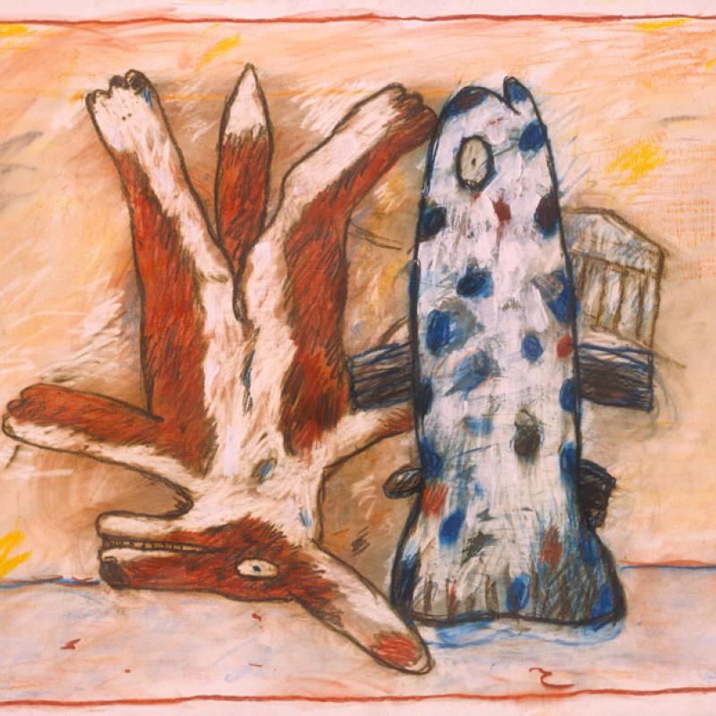 An abstract painting featuring organic, branching shapes in brown and a tall, blue speckled form on a warm beige background with a pink border.