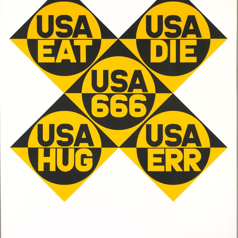 Pop art print composed of five diamond-shaped panels arranged in a cross formation, each with bold yellow and black text. The words read ‘USA EAT,’ ‘USA DIE,’ ‘USA 666,’ ‘USA HUG,’ and ‘USA ERR.’ The design features strong geometric symmetry and high-contrast colors, characteristic of Robert Indiana’s style.