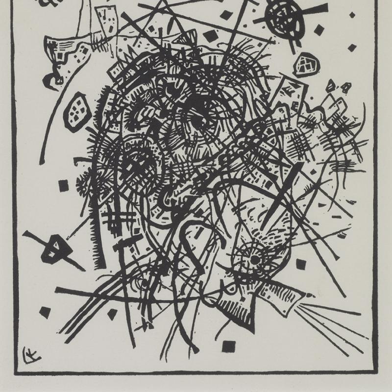 An abstract black and white drawing filled with intersecting lines, geometric shapes, and swirling forms, creating a dynamic and chaotic composition within a square frame.
