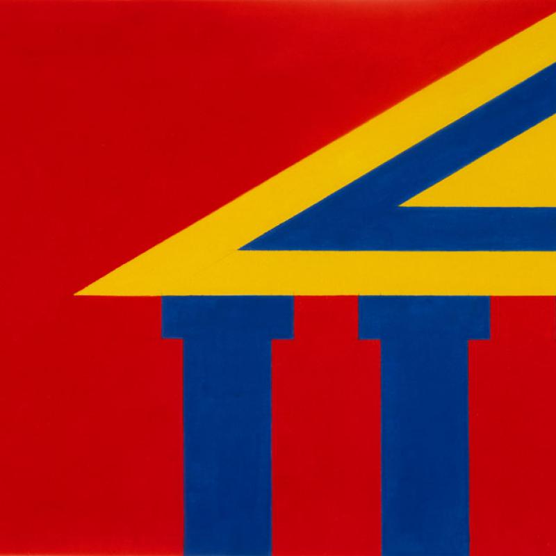 Minimalist geometric artwork featuring the corner of a classical pediment structure rendered in bold, flat colors. Three blue columns support a yellow triangular roof outlined in blue, set against a vivid red background. The clean lines and strong color contrast evoke Sol LeWitt’s conceptual and architectural style.