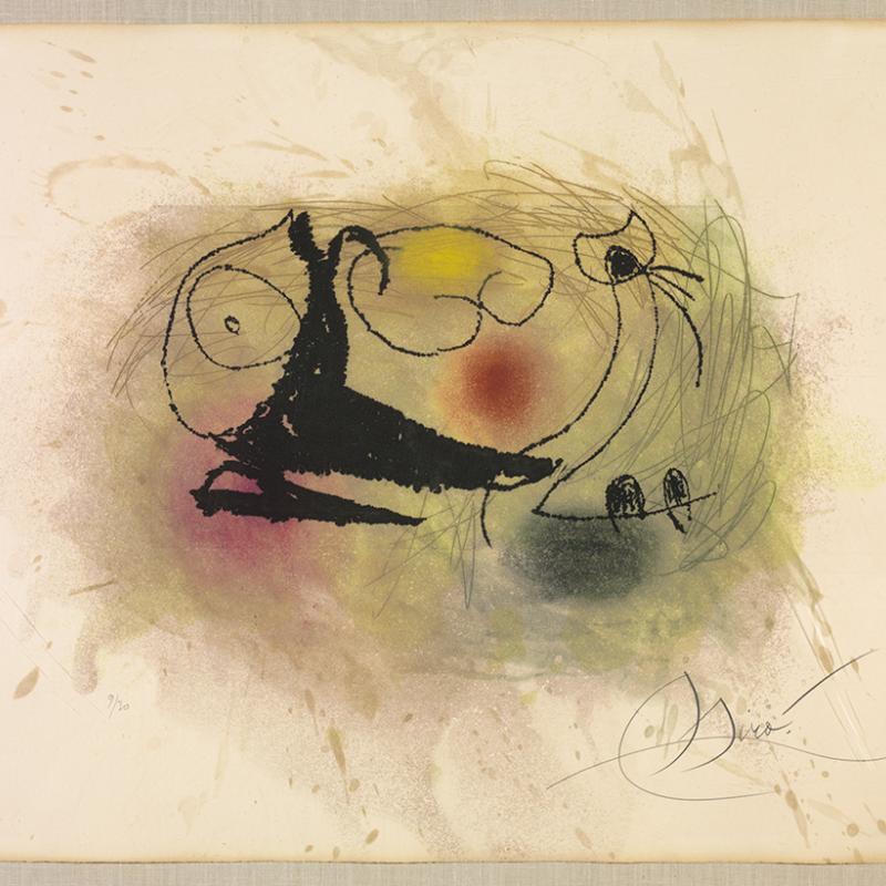 Abstract painting featuring soft washes of color—yellow, red, blue, and green—over a light beige background. Thin black lines and whimsical shapes suggest organic movement, with a dark triangular form in the center. The composition evokes a dreamlike, surreal quality reminiscent of Joan Miró’s playful abstract style