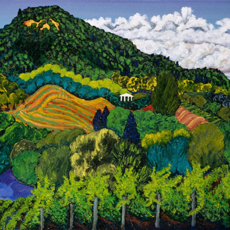 A vibrant landscape painting depicting rolling green and yellow hills, a forested mountain, and a bright blue sky with white clouds, rendered in bold, expressive colors.