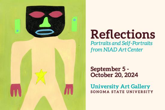 Reflections: The 2024 SSU Art & Art History Junior Block Art Exhibit," running from September 3 to October 20, 2024, at the University Art Gallery. The flyer features colorful abstract artwork of a human figure with a dark mask-like face and geometric shapes, with event details in red, brown, and green text on a white background.