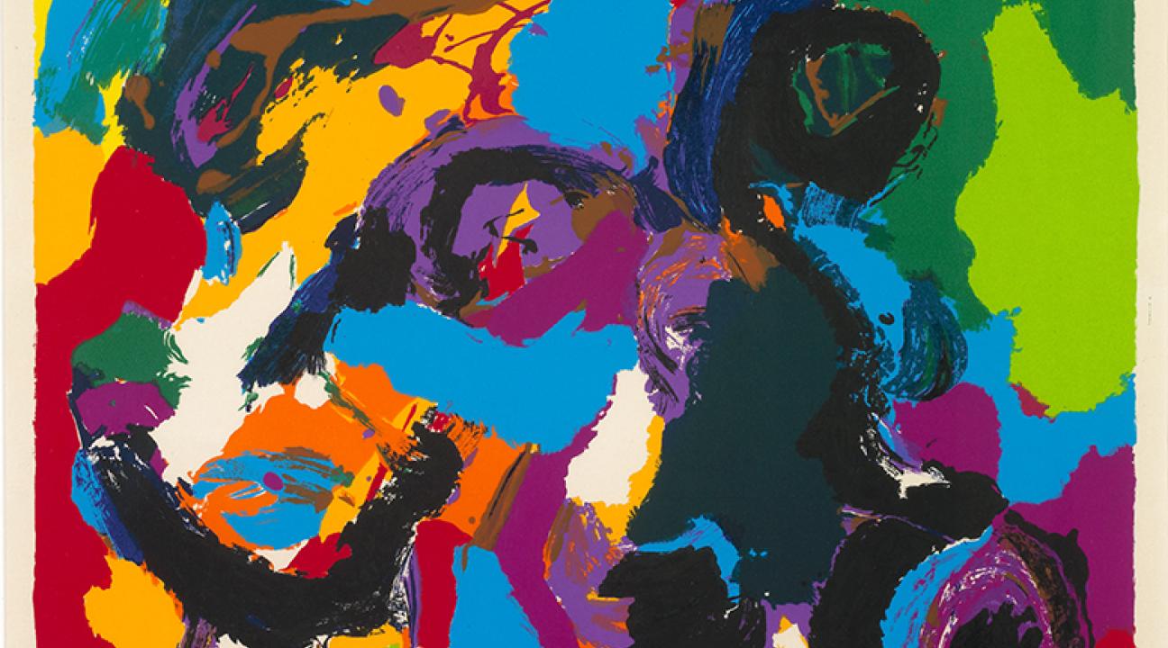 Abstract expressionist painting composed of bold, overlapping shapes in vivid colors including blue, red, yellow, green, and purple. The composition is energetic and layered, with sweeping brushstrokes and high contrast between hues, evoking dynamic movement and emotional intensity.