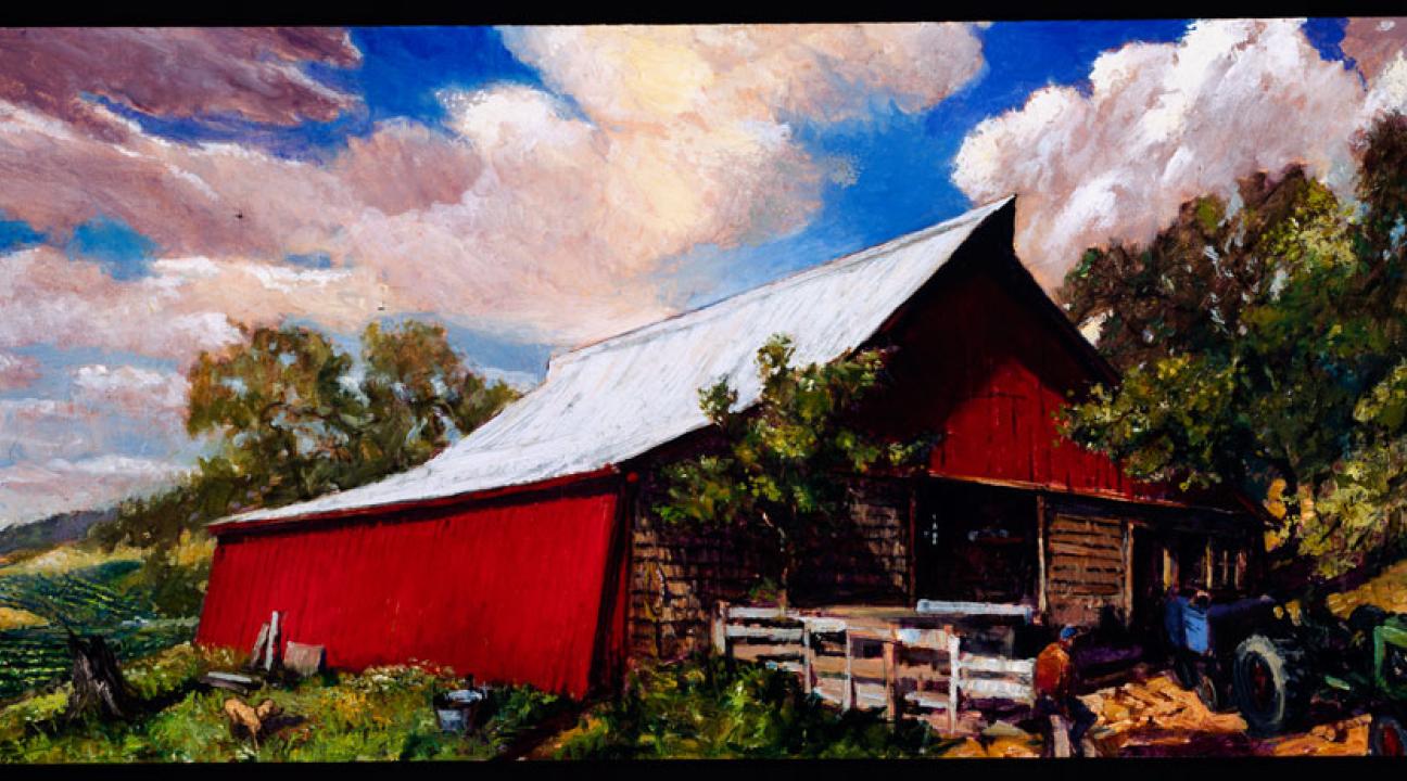 Colorful landscape painting depicting a rustic red barn with a silver roof surrounded by trees and vibrant greenery. The sky is filled with dramatic clouds in pink, orange, and blue hues, creating a striking contrast with the barn. The composition conveys warmth and nostalgia in a rural setting