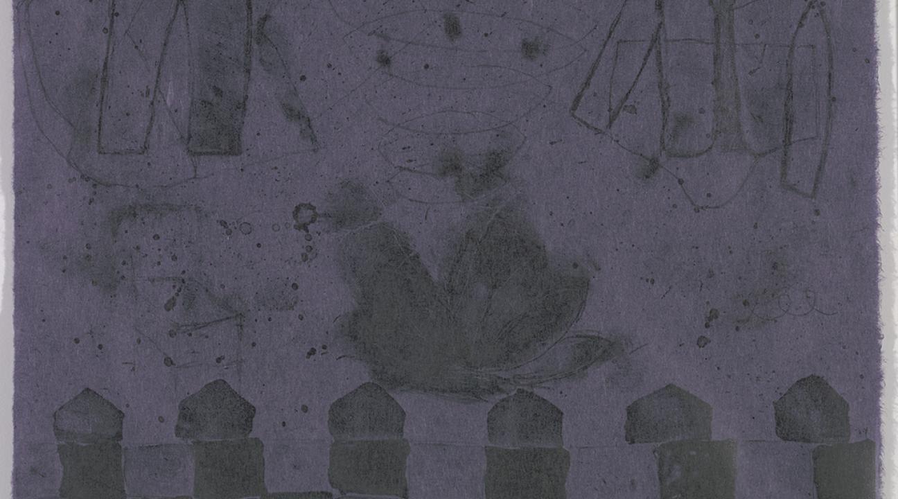 Mixed-media artwork with a dark purple and gray color palette featuring faint, hand-drawn figures, symbols, and text. A checkerboard pattern runs along the bottom, while subtle sketches and shapes fill the upper area. The layered surface and muted tones create a contemplative, introspective mood