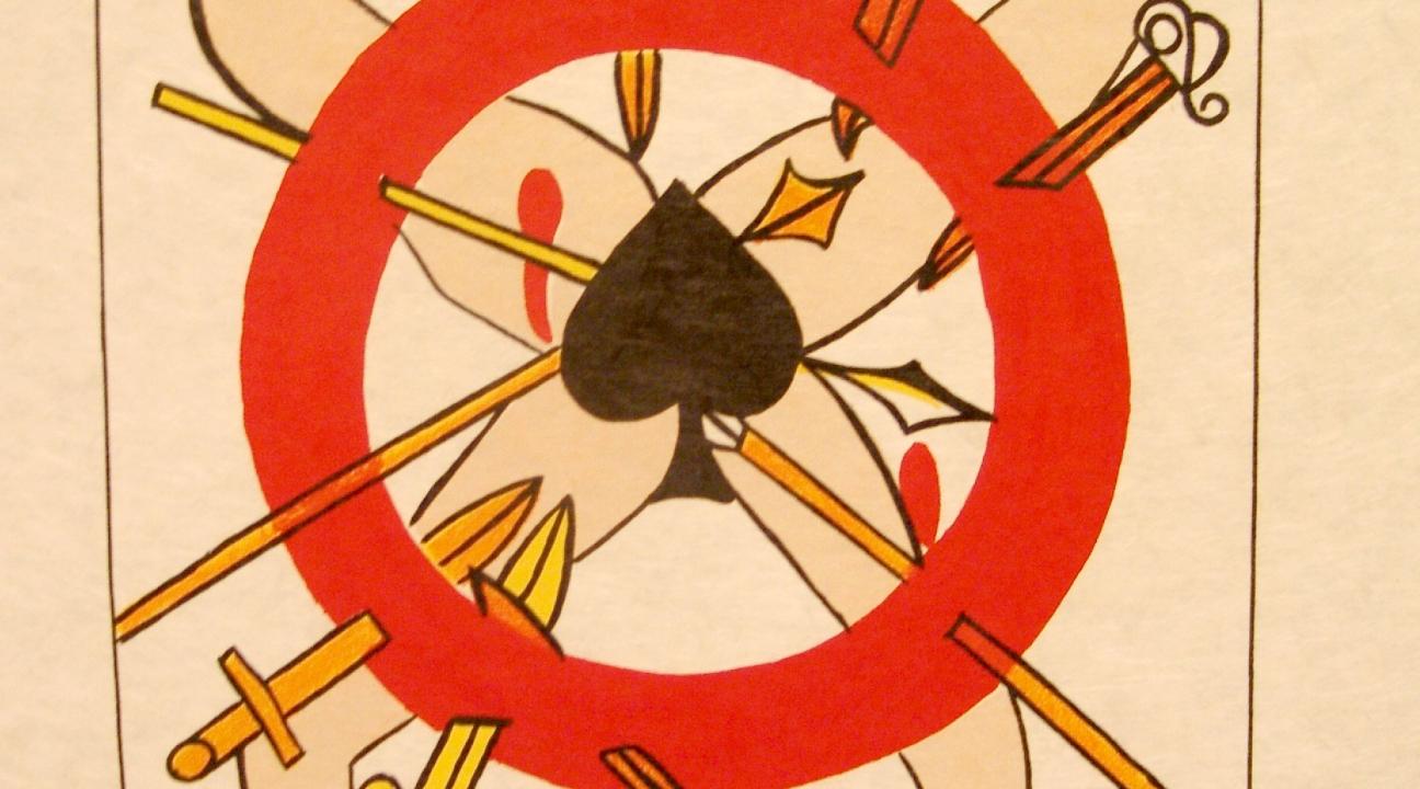 A surreal illustration resembling a playing card. At the center, a red circle encloses a black spade symbol, surrounded by various disjointed human limbs and objects, including legs in high heels and hands holding tools or weapons, arranged in a chaotic wheel-like pattern.