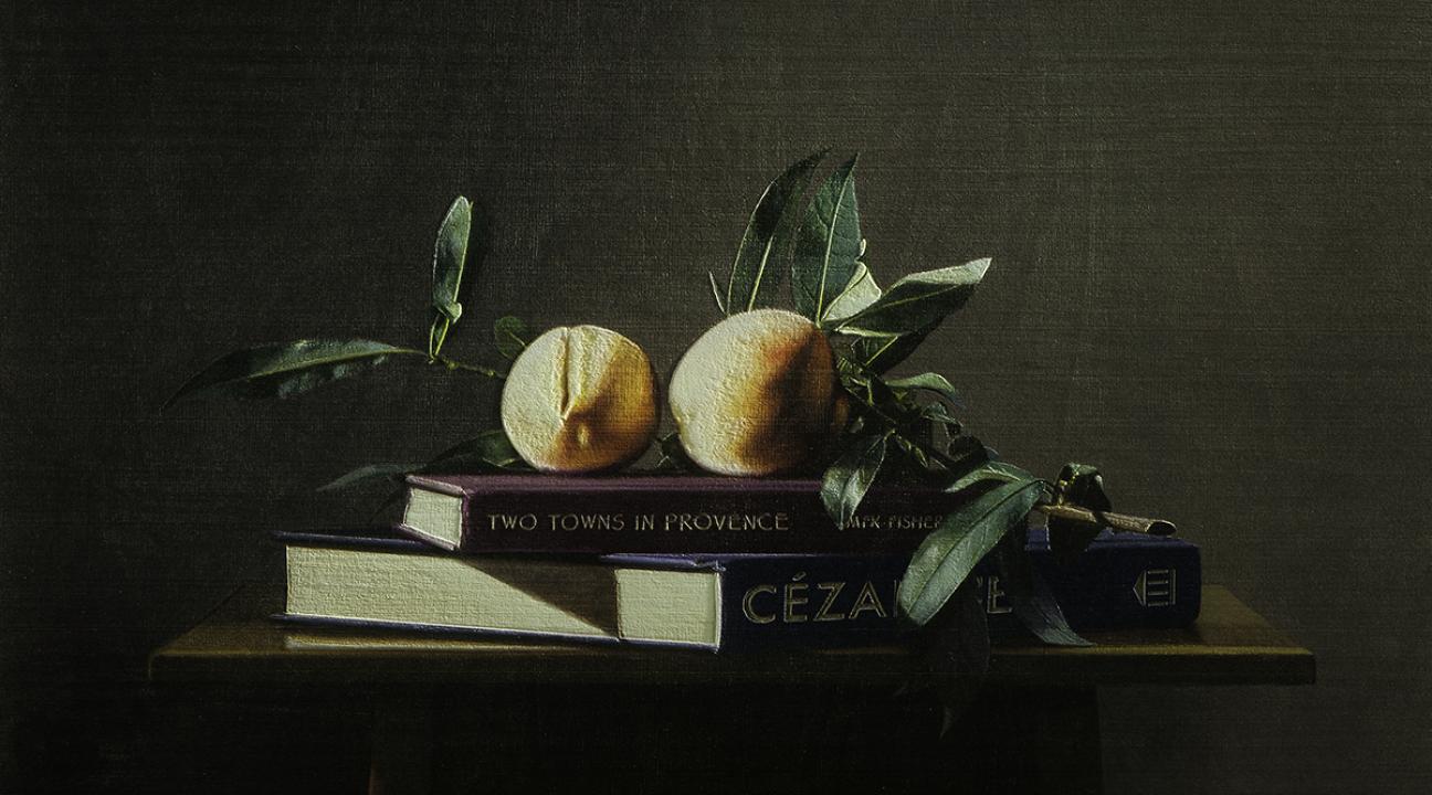 A still life painting depicting two peaches with leaves resting on a stack of books against a dark background, creating a classic and softly lit composition.