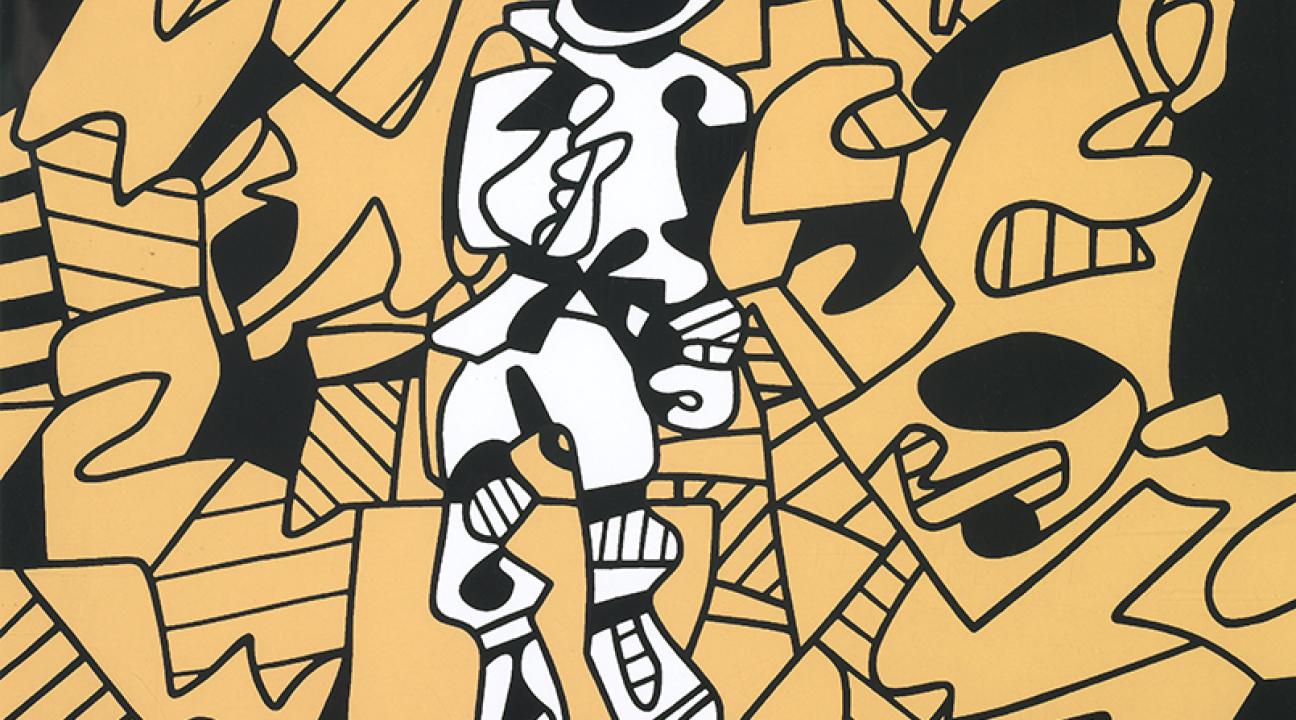 Abstract artwork depicting a central white, humanoid figure outlined in black, surrounded by a chaotic background of interlocking tan and black geometric shapes. The figure appears expressive and cartoon-like, set against a light blue sky. The piece resembles the style of Jean Dubuffet, featuring bold lines and a textured, playful composition.