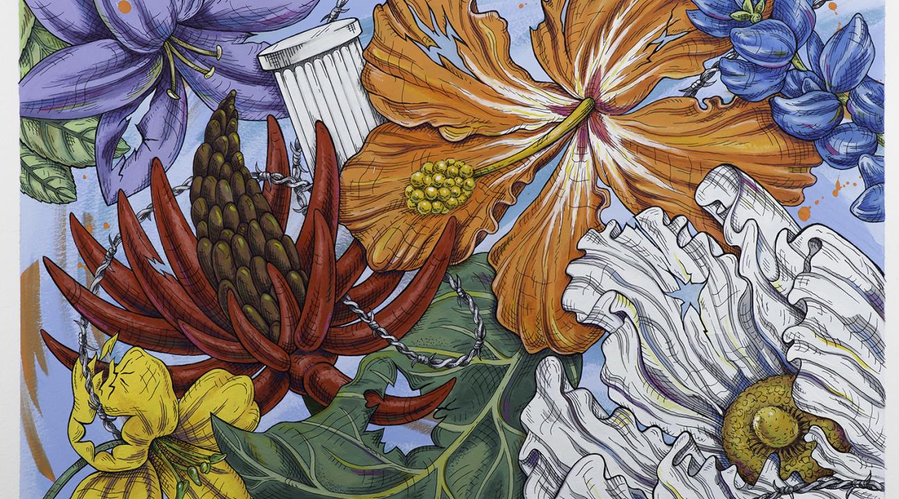 Vibrant illustration of various flowers overlapping in a dense composition. Large orange, white, yellow, blue, and red blossoms fill the frame with expressive black outlines and bold colors. The style is graphic and dynamic, emphasizing texture and movement across the floral arrangement