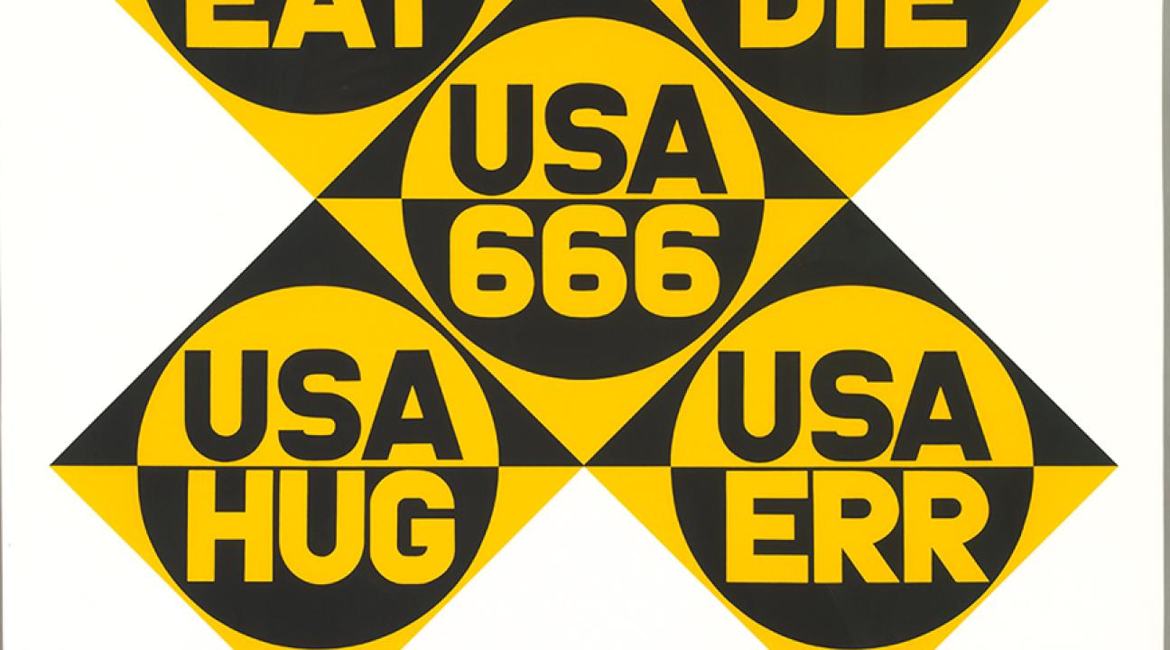 Pop art print composed of five diamond-shaped panels arranged in a cross formation, each with bold yellow and black text. The words read ‘USA EAT,’ ‘USA DIE,’ ‘USA 666,’ ‘USA HUG,’ and ‘USA ERR.’ The design features strong geometric symmetry and high-contrast colors, characteristic of Robert Indiana’s style.