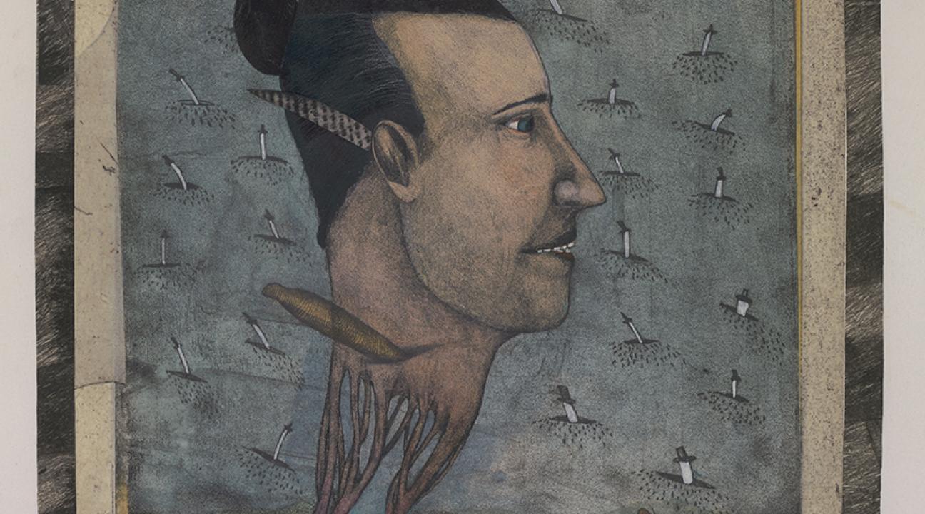 A painted portrait of a person in profile with hair tied back, set against a textured blue-gray background and framed with a patterned border.