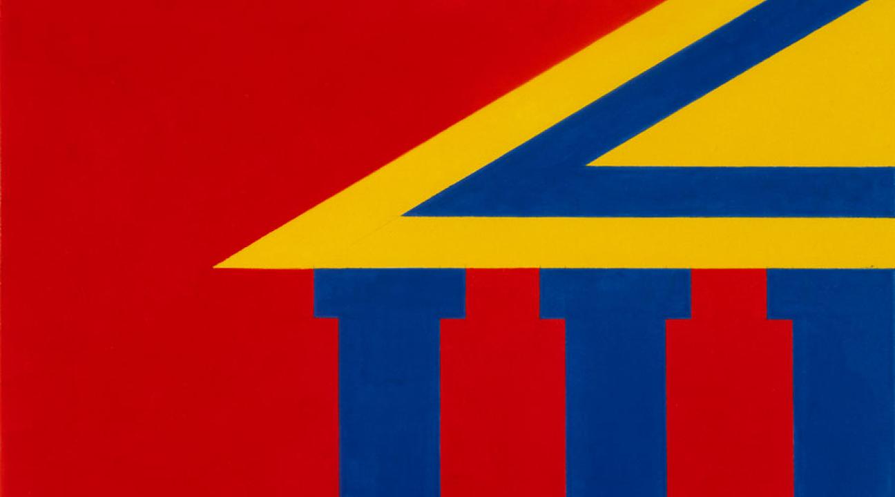 Minimalist geometric artwork featuring the corner of a classical pediment structure rendered in bold, flat colors. Three blue columns support a yellow triangular roof outlined in blue, set against a vivid red background. The clean lines and strong color contrast evoke Sol LeWitt’s conceptual and architectural style.