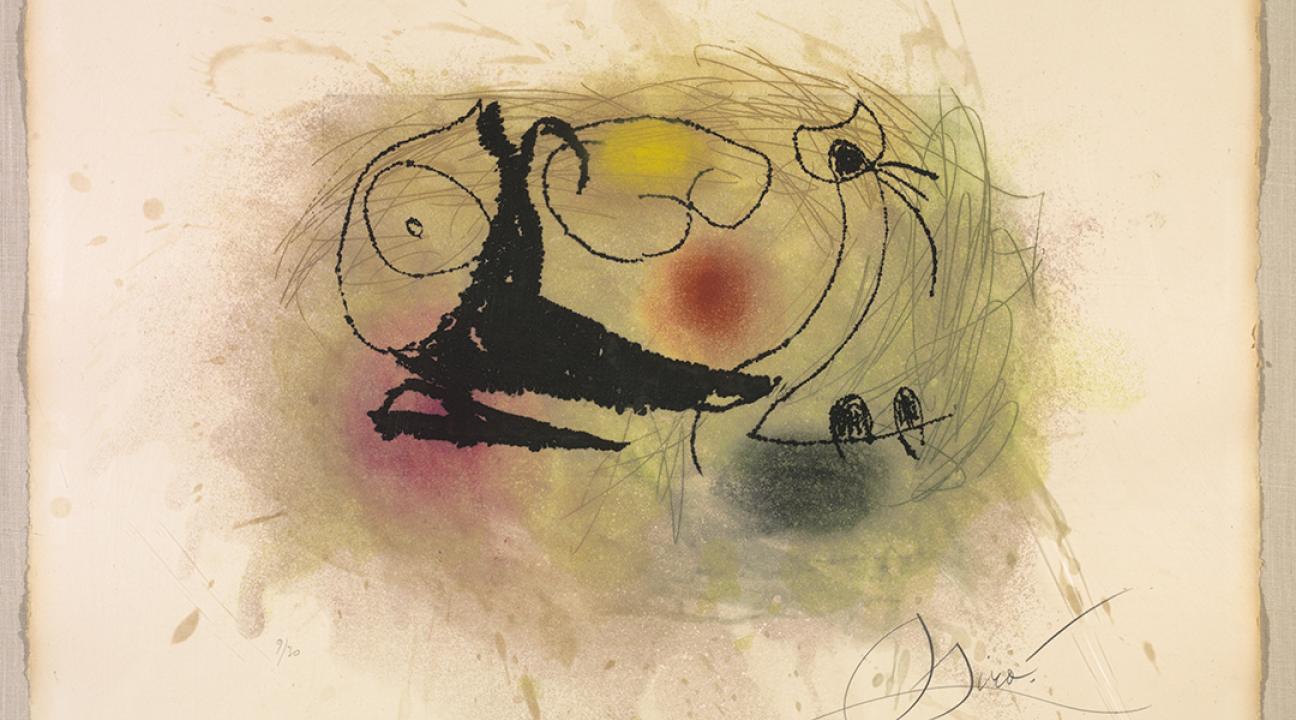 Abstract painting featuring soft washes of color—yellow, red, blue, and green—over a light beige background. Thin black lines and whimsical shapes suggest organic movement, with a dark triangular form in the center. The composition evokes a dreamlike, surreal quality reminiscent of Joan Miró’s playful abstract style