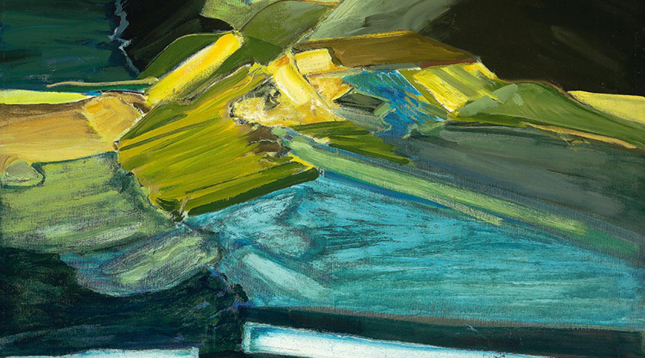 Abstract landscape painting featuring layered planes of color in green, yellow, blue, and teal tones. Broad, angular brushstrokes suggest rolling hills and water under a hazy sky. The composition balances geometric structure with expressive movement, creating a sense of depth and atmosphere