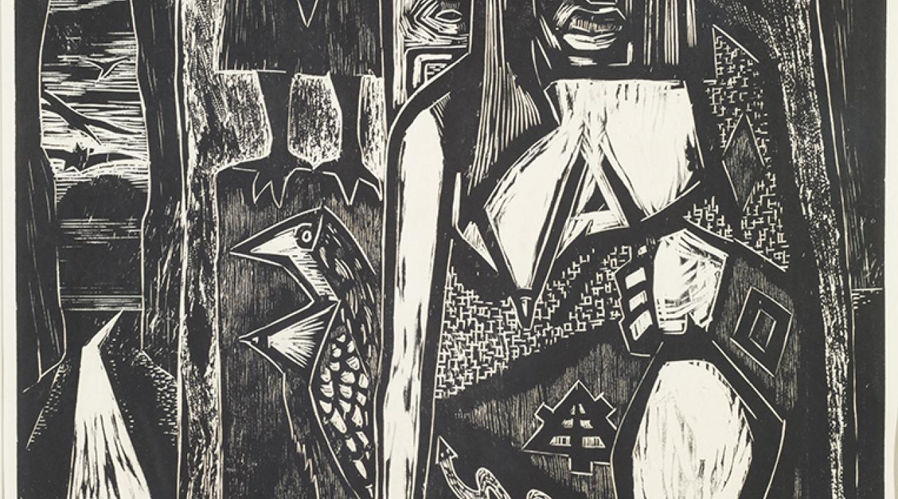 Black-and-white print depicting a crouching human figure enclosed within an abstract, textured environment. The figure’s limbs are angular and expressive, surrounded by rough, carved lines and dense shading. The composition conveys emotional tension and confinement, characteristic of mid-20th-century expressionist printmaking