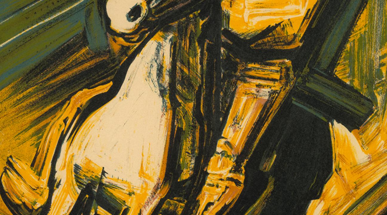 Dynamic painting depicting a figure in motion beside a rearing white horse. The composition uses bold, sweeping strokes in shades of yellow, green, and black, creating a sense of energy and intensity. The figure appears heroic or defiant, rendered in an expressive, dramatic style characteristic of Mexican muralist David Alfaro Siqueiros.