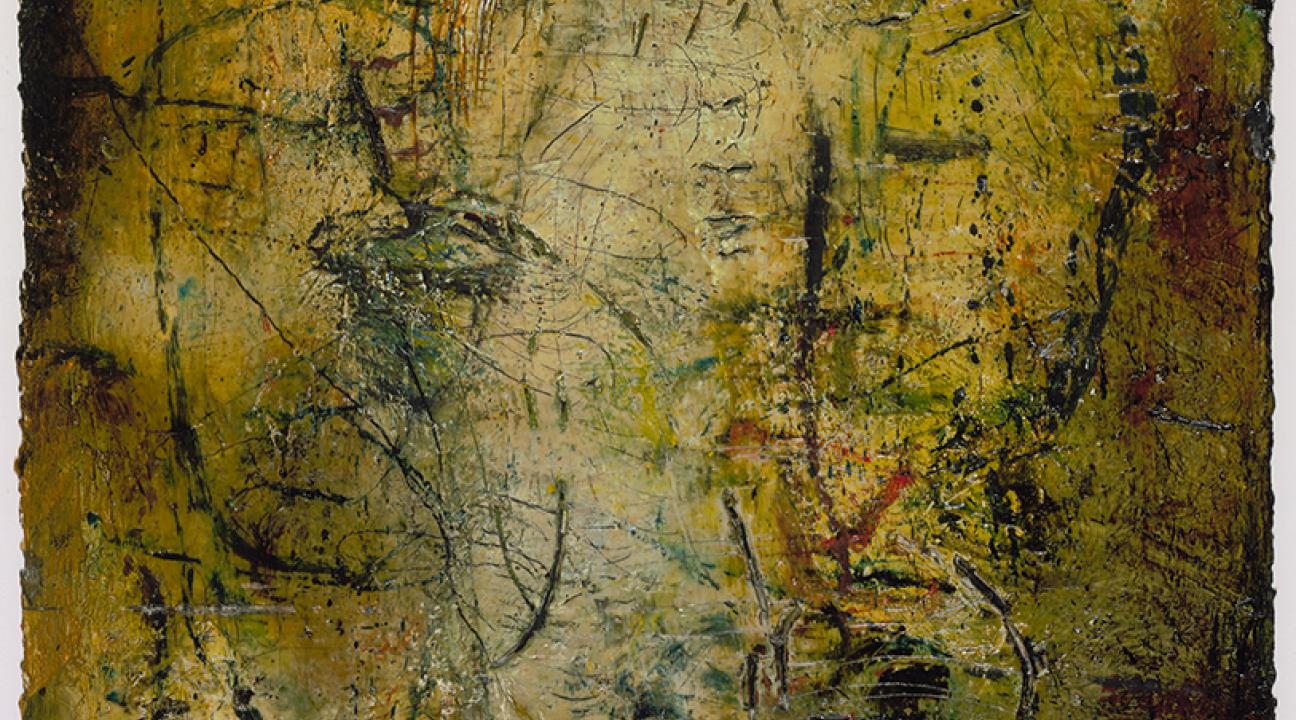 Abstract painting with layered textures in shades of ochre, brown, and green. Delicate black lines and markings intersect across the surface, creating a web-like composition. The work has an earthy, weathered appearance, evoking organic forms and a sense of depth through translucent color washes