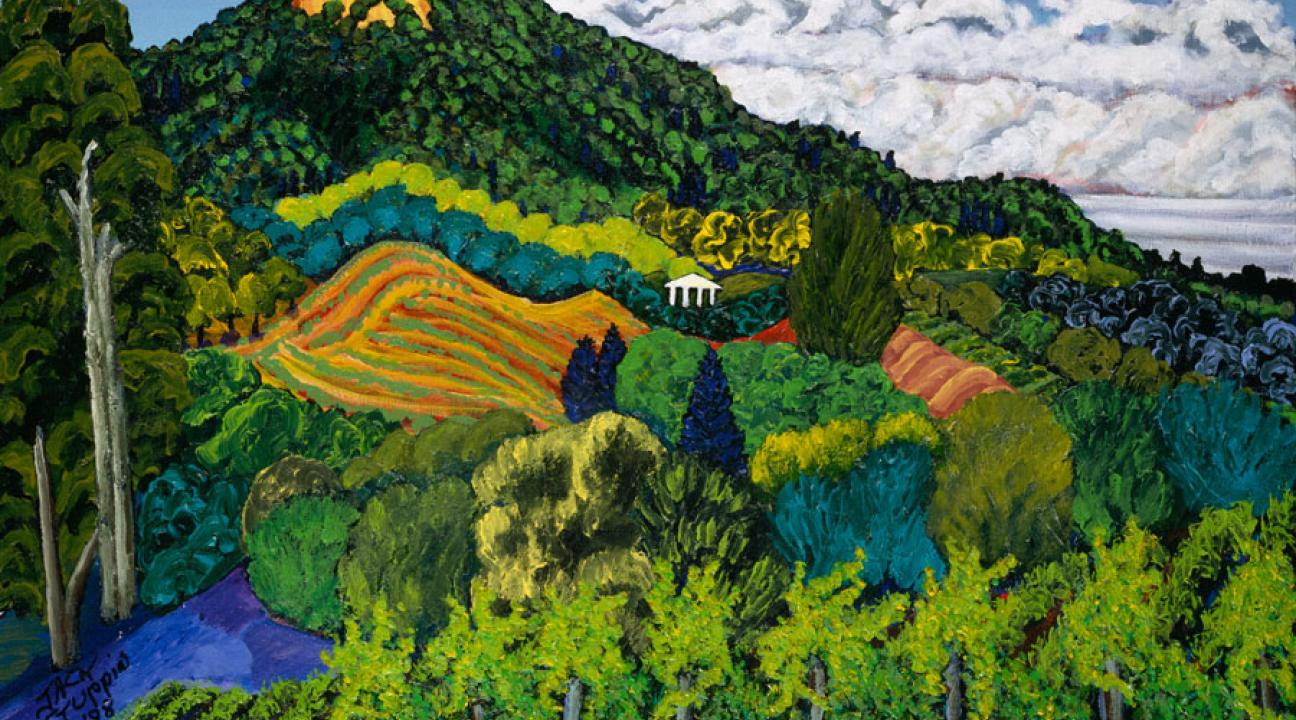 A vibrant landscape painting depicting rolling green and yellow hills, a forested mountain, and a bright blue sky with white clouds, rendered in bold, expressive colors.