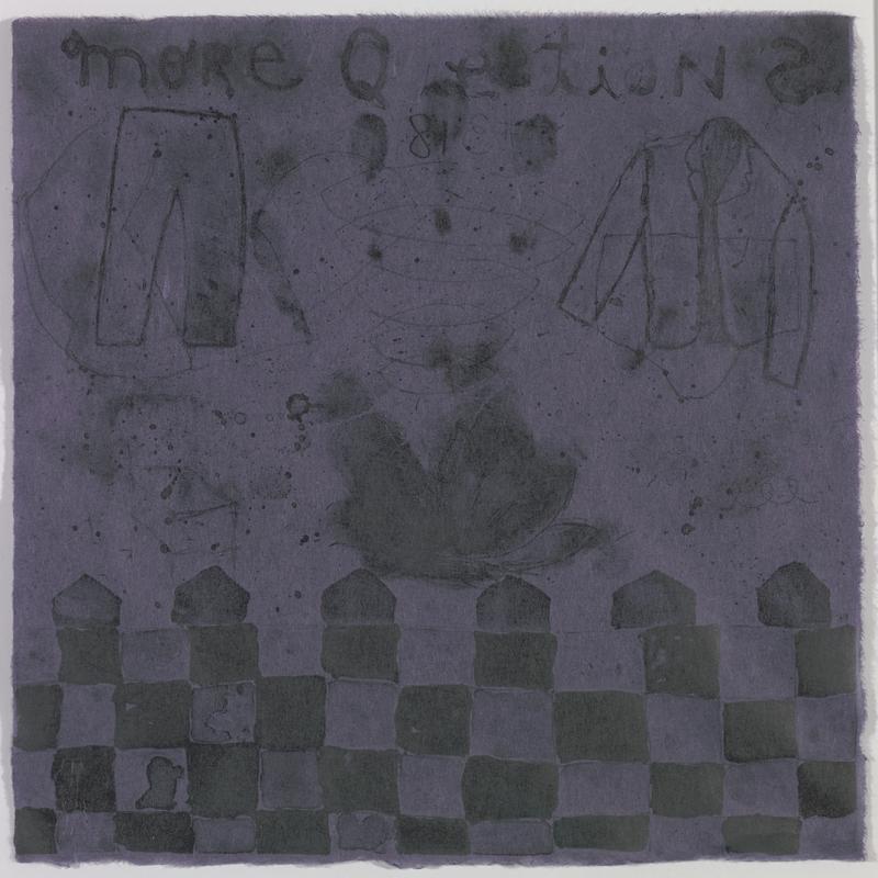 Mixed-media artwork with a dark purple and gray color palette featuring faint, hand-drawn figures, symbols, and text. A checkerboard pattern runs along the bottom, while subtle sketches and shapes fill the upper area. The layered surface and muted tones create a contemplative, introspective mood