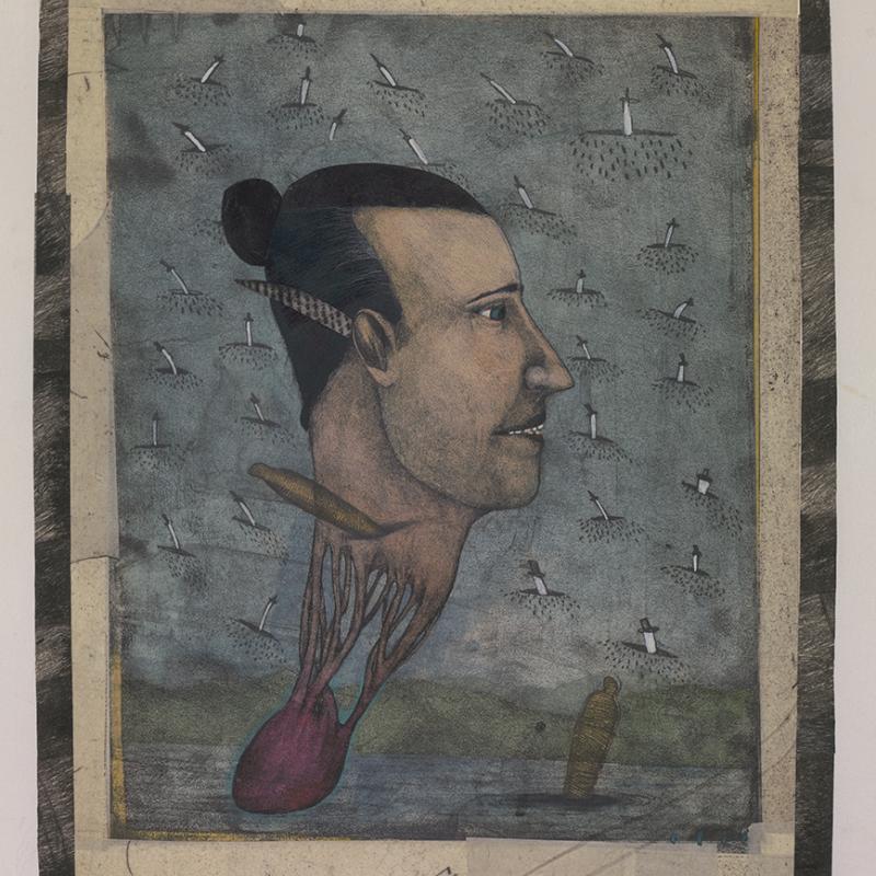A painted portrait of a person in profile with hair tied back, set against a textured blue-gray background and framed with a patterned border.