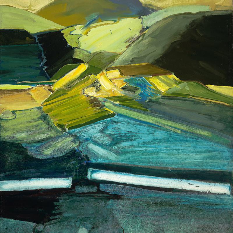 Abstract landscape painting featuring layered planes of color in green, yellow, blue, and teal tones. Broad, angular brushstrokes suggest rolling hills and water under a hazy sky. The composition balances geometric structure with expressive movement, creating a sense of depth and atmosphere
