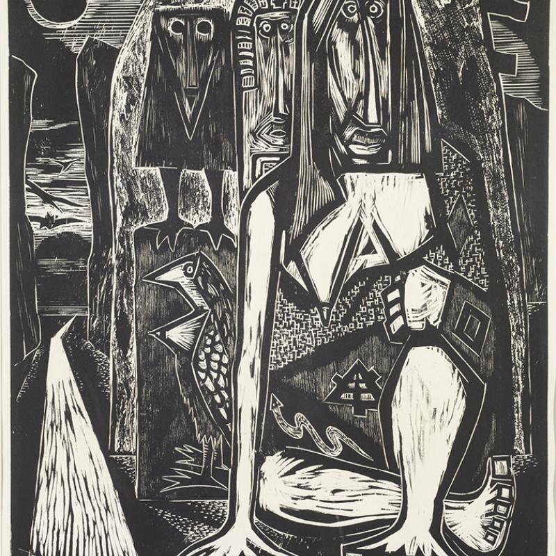 Black-and-white print depicting a crouching human figure enclosed within an abstract, textured environment. The figure’s limbs are angular and expressive, surrounded by rough, carved lines and dense shading. The composition conveys emotional tension and confinement, characteristic of mid-20th-century expressionist printmaking