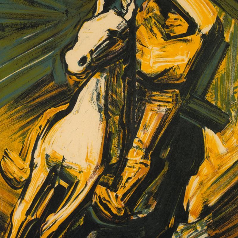 Dynamic painting depicting a figure in motion beside a rearing white horse. The composition uses bold, sweeping strokes in shades of yellow, green, and black, creating a sense of energy and intensity. The figure appears heroic or defiant, rendered in an expressive, dramatic style characteristic of Mexican muralist David Alfaro Siqueiros.