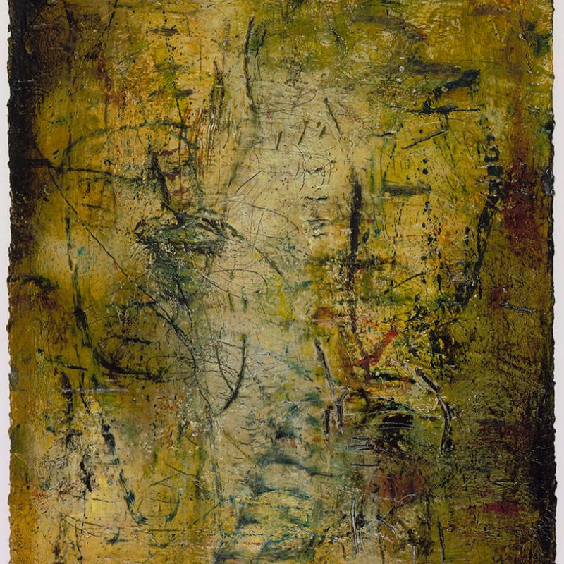 Abstract painting with layered textures in shades of ochre, brown, and green. Delicate black lines and markings intersect across the surface, creating a web-like composition. The work has an earthy, weathered appearance, evoking organic forms and a sense of depth through translucent color washes