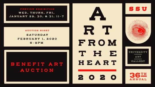 Graphic poster for Art from the Heart 2020 silent auction at Sonoma State University Art Gallery. The design features a grid of cream, black, and red panels with bold typography and circular graphic elements. Event details include the date, February 8, 2020, from 6–9 p.m., emphasizing the fundraiser’s artistic and modern aesthetic