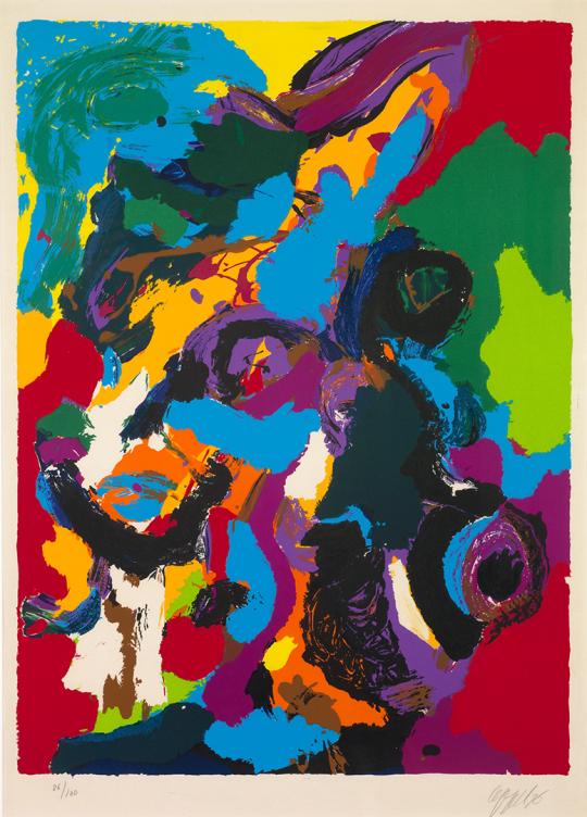Abstract expressionist painting composed of bold, overlapping shapes in vivid colors including blue, red, yellow, green, and purple. The composition is energetic and layered, with sweeping brushstrokes and high contrast between hues, evoking dynamic movement and emotional intensity.