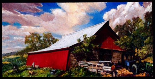 Colorful landscape painting depicting a rustic red barn with a silver roof surrounded by trees and vibrant greenery. The sky is filled with dramatic clouds in pink, orange, and blue hues, creating a striking contrast with the barn. The composition conveys warmth and nostalgia in a rural setting