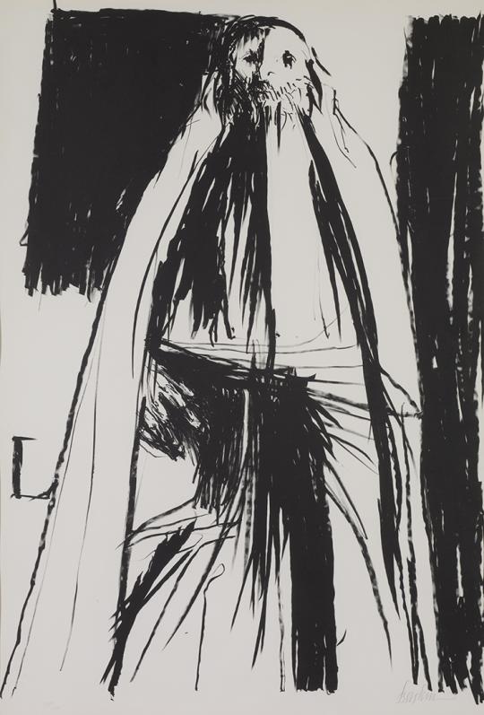 Black-and-white ink drawing of a tall, ghostlike figure with long flowing lines suggesting draped fabric or hair. The figure has a haunting, hollow-eyed face and stands against a stark, abstract background with bold black brushstrokes. The composition conveys a sense of mystery and intensity