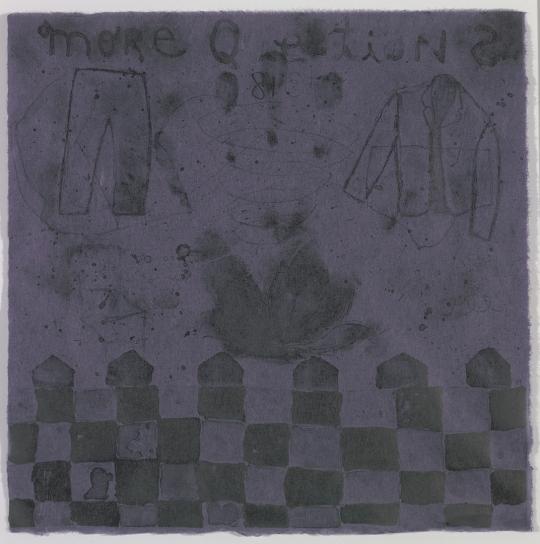 Mixed-media artwork with a dark purple and gray color palette featuring faint, hand-drawn figures, symbols, and text. A checkerboard pattern runs along the bottom, while subtle sketches and shapes fill the upper area. The layered surface and muted tones create a contemplative, introspective mood