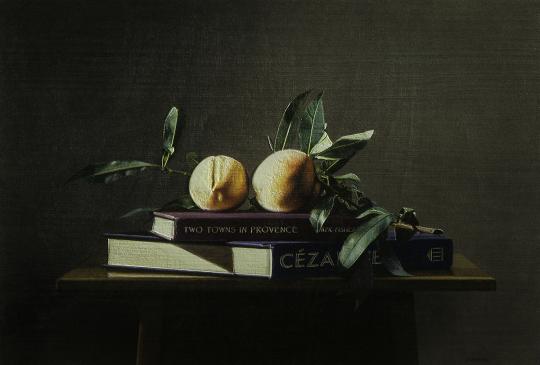 A still life painting depicting two peaches with leaves resting on a stack of books against a dark background, creating a classic and softly lit composition.