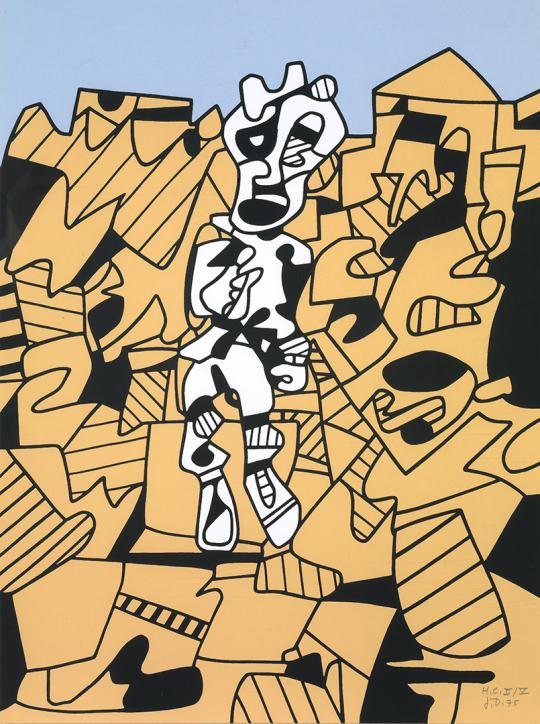Abstract artwork depicting a central white, humanoid figure outlined in black, surrounded by a chaotic background of interlocking tan and black geometric shapes. The figure appears expressive and cartoon-like, set against a light blue sky. The piece resembles the style of Jean Dubuffet, featuring bold lines and a textured, playful composition.