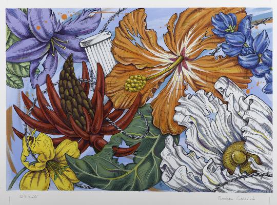 Vibrant illustration of various flowers overlapping in a dense composition. Large orange, white, yellow, blue, and red blossoms fill the frame with expressive black outlines and bold colors. The style is graphic and dynamic, emphasizing texture and movement across the floral arrangement